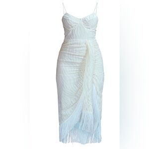PRETTYLITTLETHING White Devore Tassel Detail Underwired Draped Midi Dress